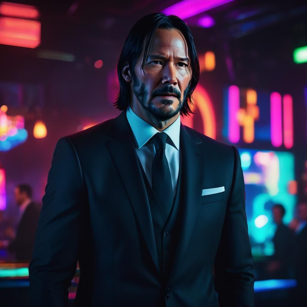 Hyperrealistic John Wick Portrait in Nightclub Setting