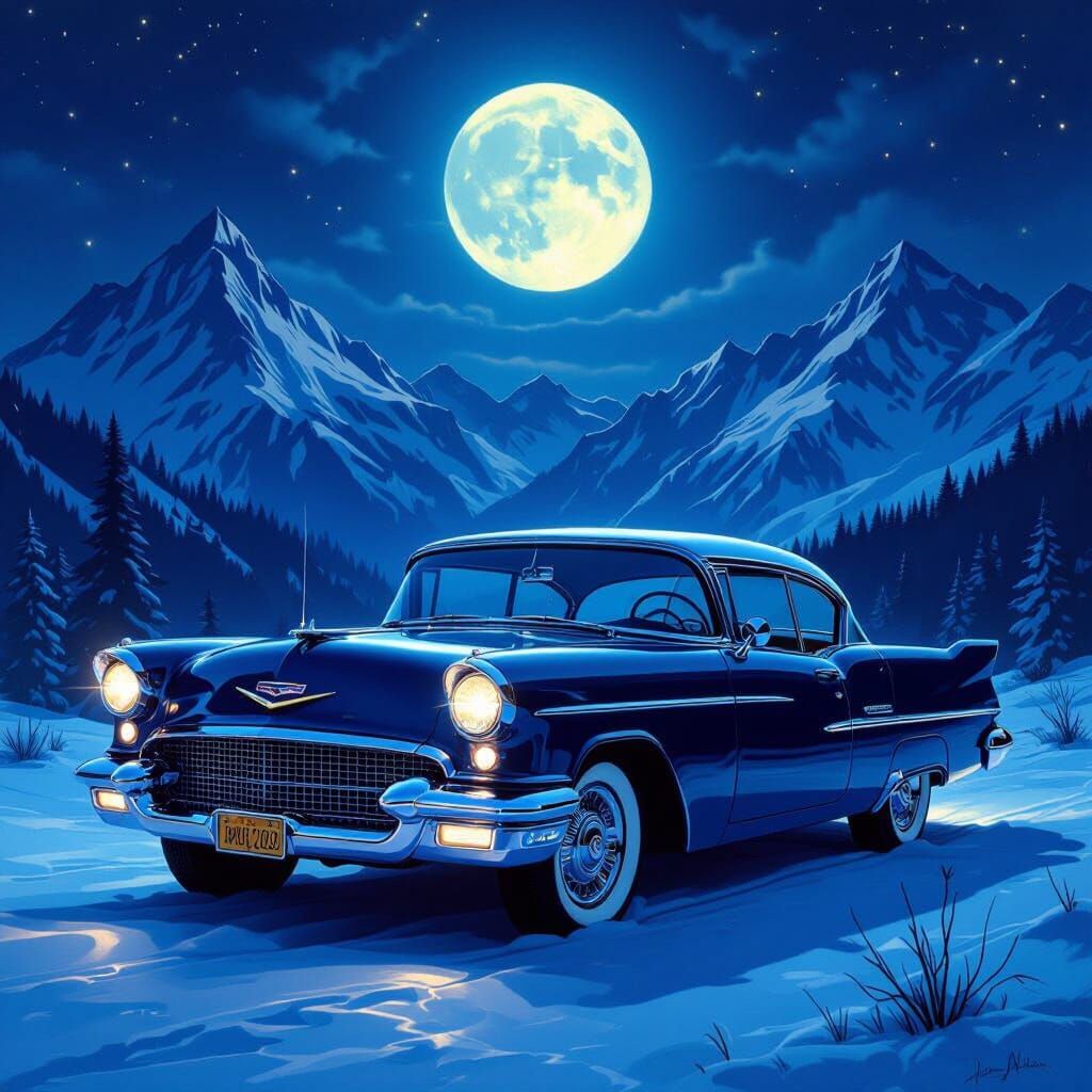 Glowing Vintage Car Under Full Moon in Surreal Landscape