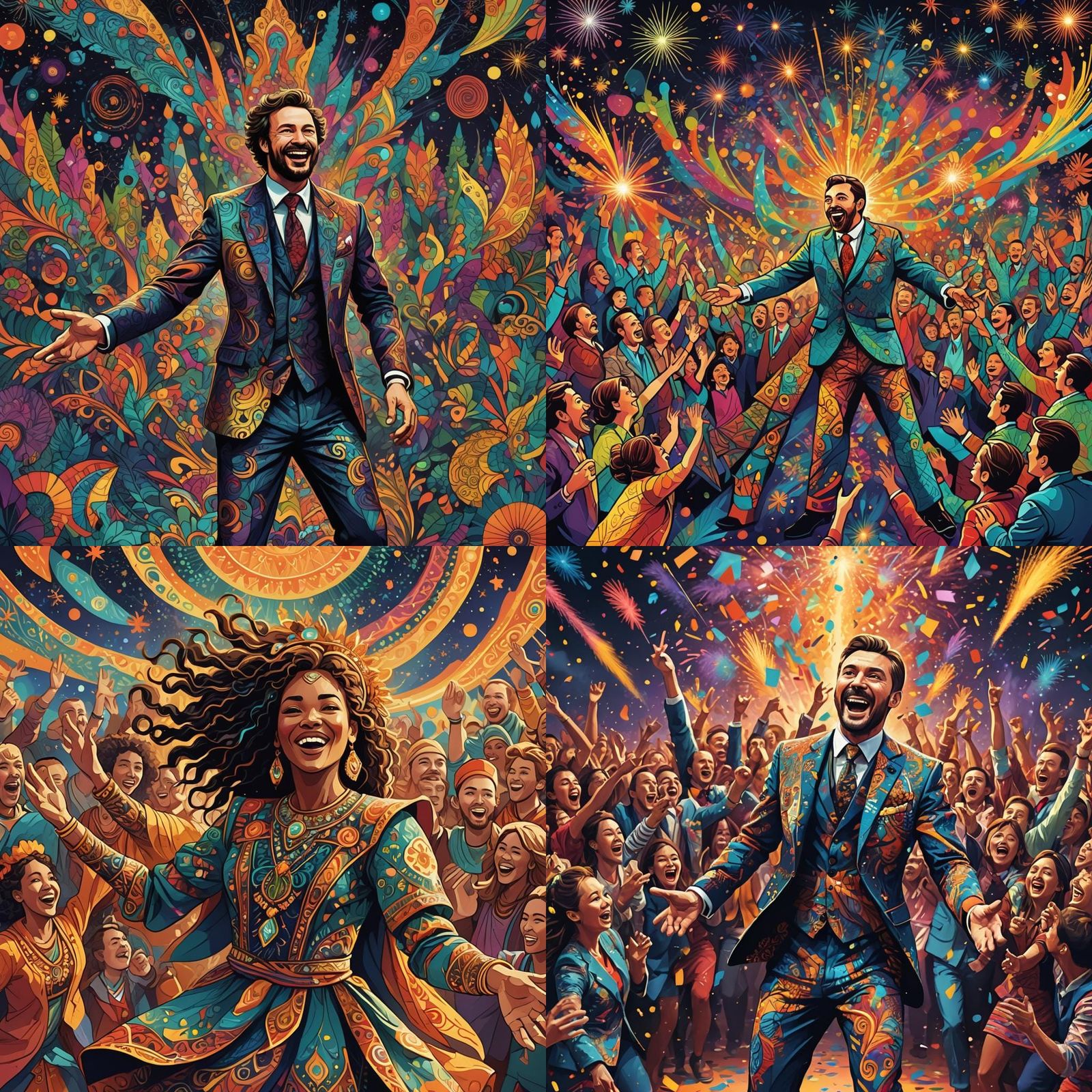 Energetic Host on Stage in Ural Ornament Costume