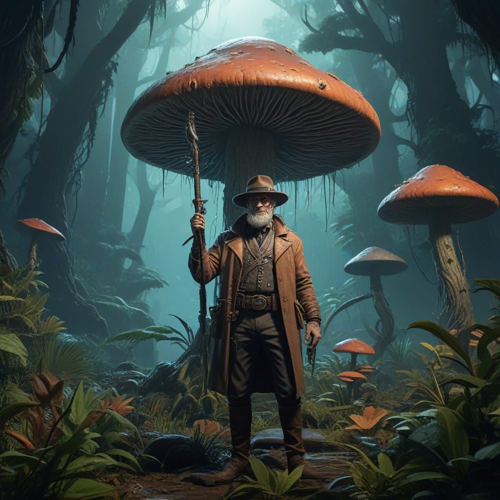 Space Explorer and Bioluminescent Mushroom, Art Deco Style