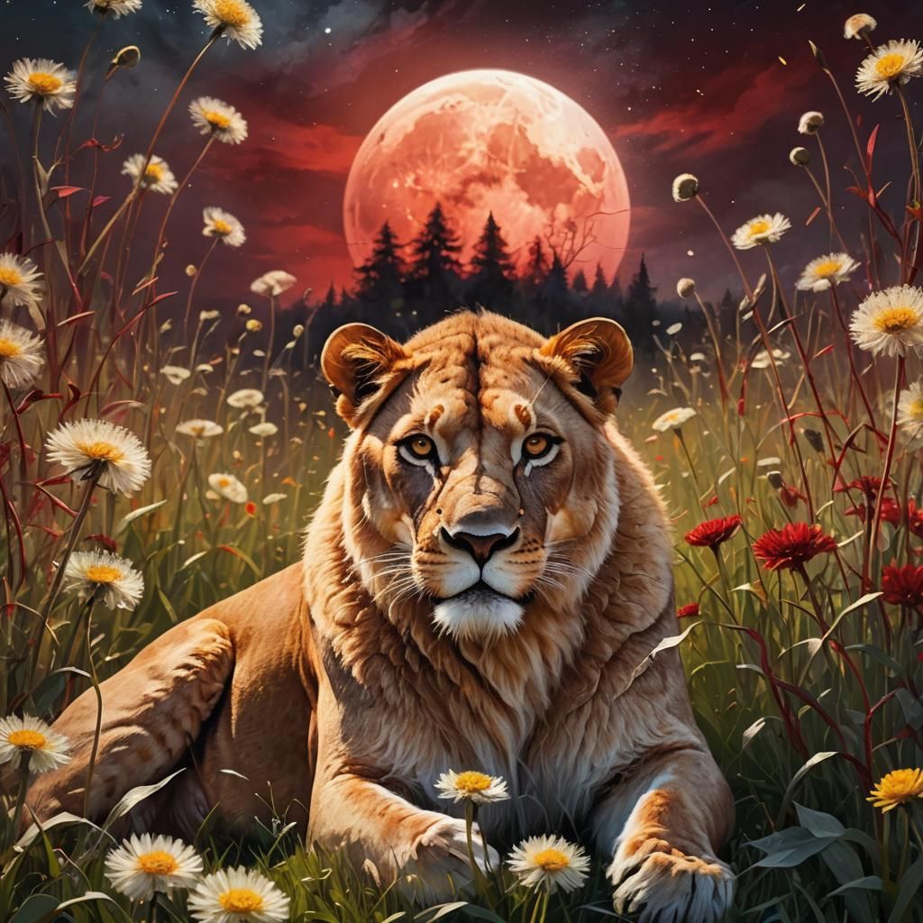 Lioness in Dandelions Under Red Moon: Digital Painting