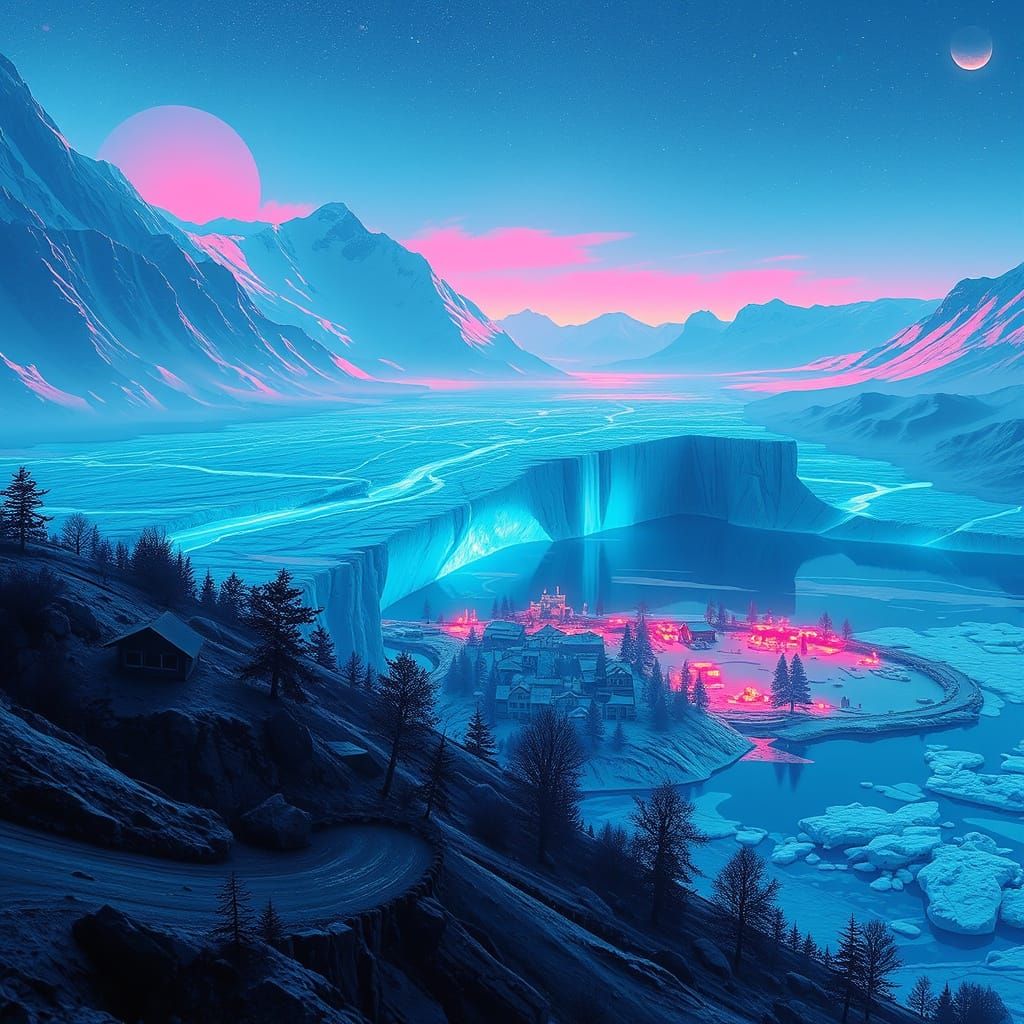 Synthwave Glacier Collapse in Switzerland, Retro Art