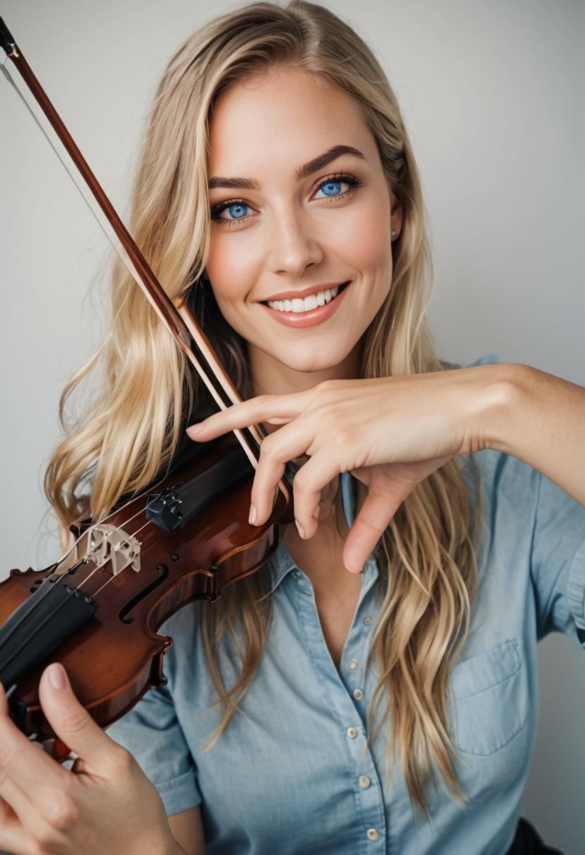 Smiling Woman Plays Electric Violin