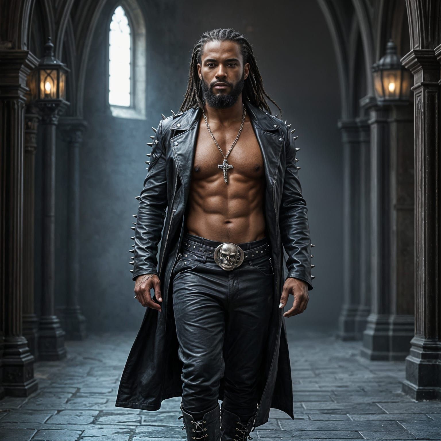 Gothic Black Man with Spiked Leather Coat