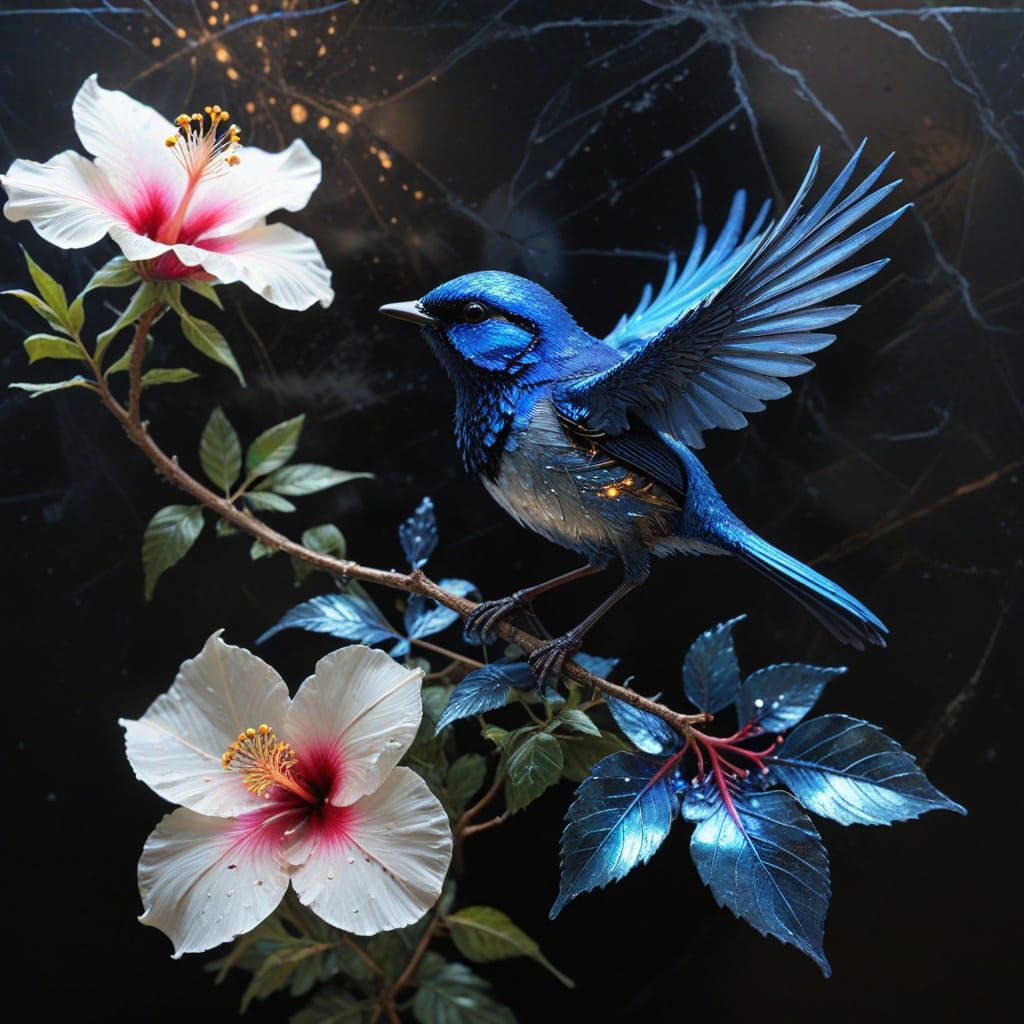 Astral Blue Fairy Wren on Hibiscus Flower