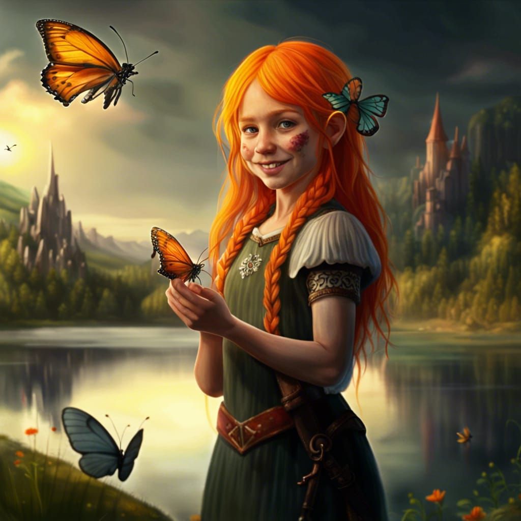 Orange-Haired Girl with Butterfly in Fantasy Kingdom