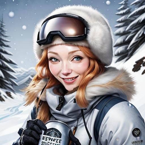 Happy Woman Working on Snowcat in Winter Gear