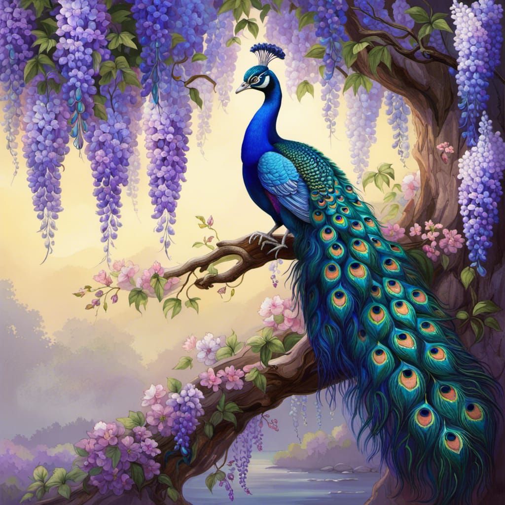 Iridescent Blue Peacock with Wisteria, Digital Illustration