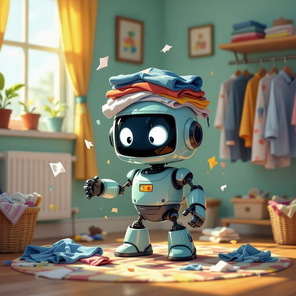 Playful Robot Fails at Folding Clothes in Bright Cartoon Roo...