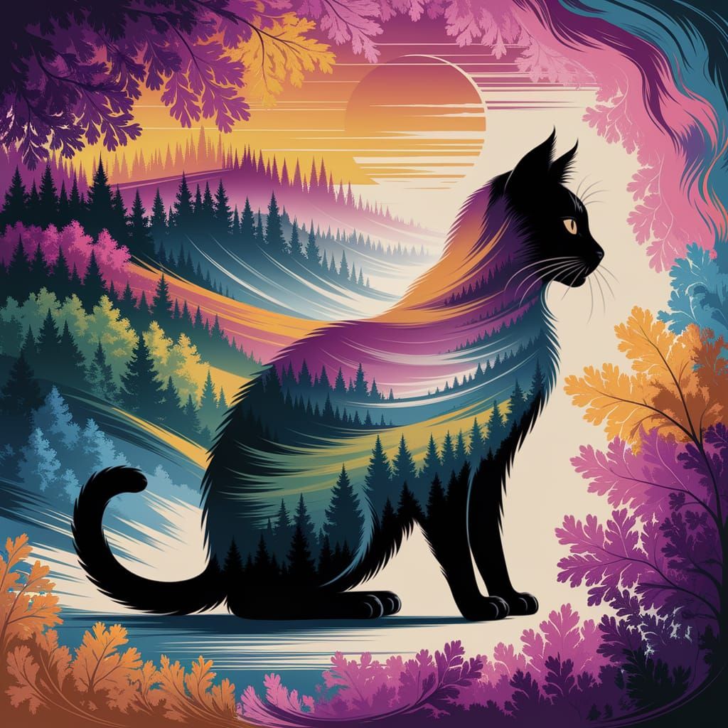 Fantasy Landscape Merged with Cat Silhouette in Oil Painting