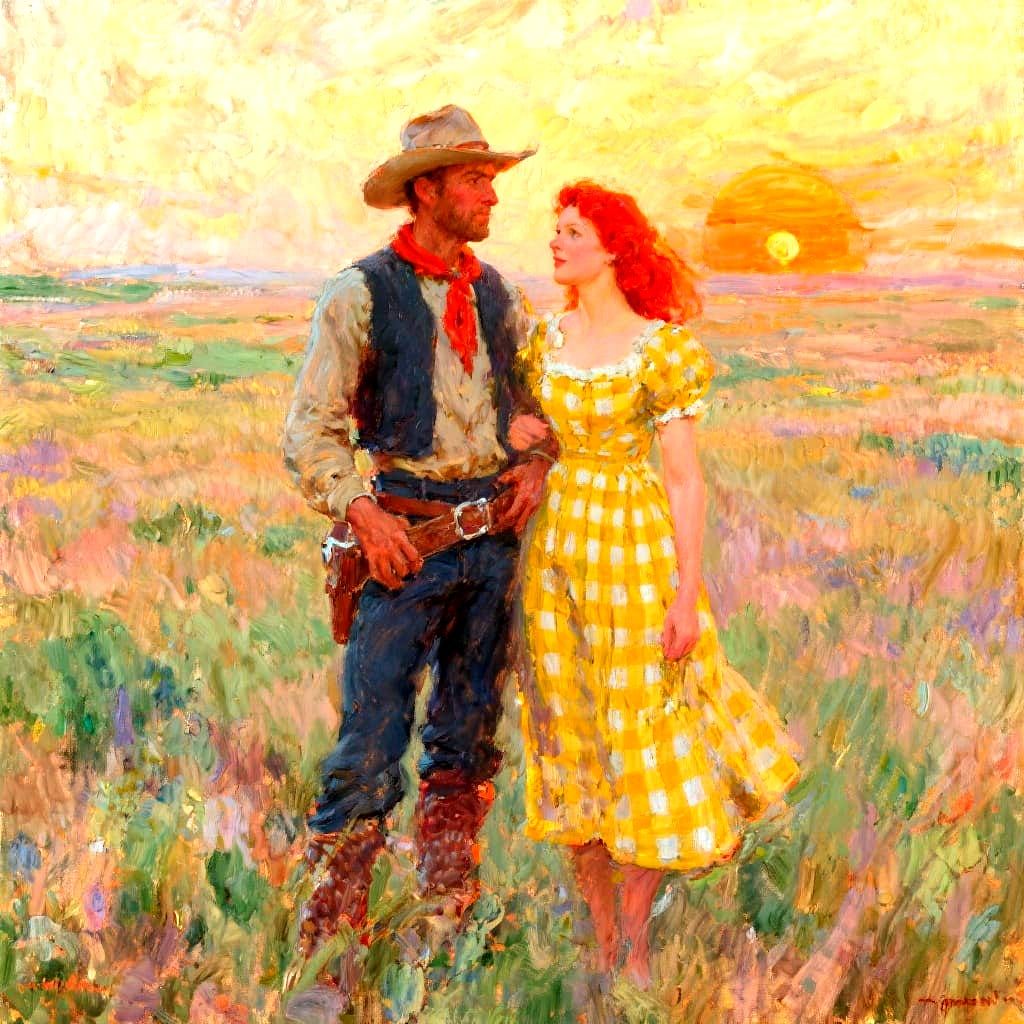 Impressionistic Western Sunset with Cowboy and Woman
