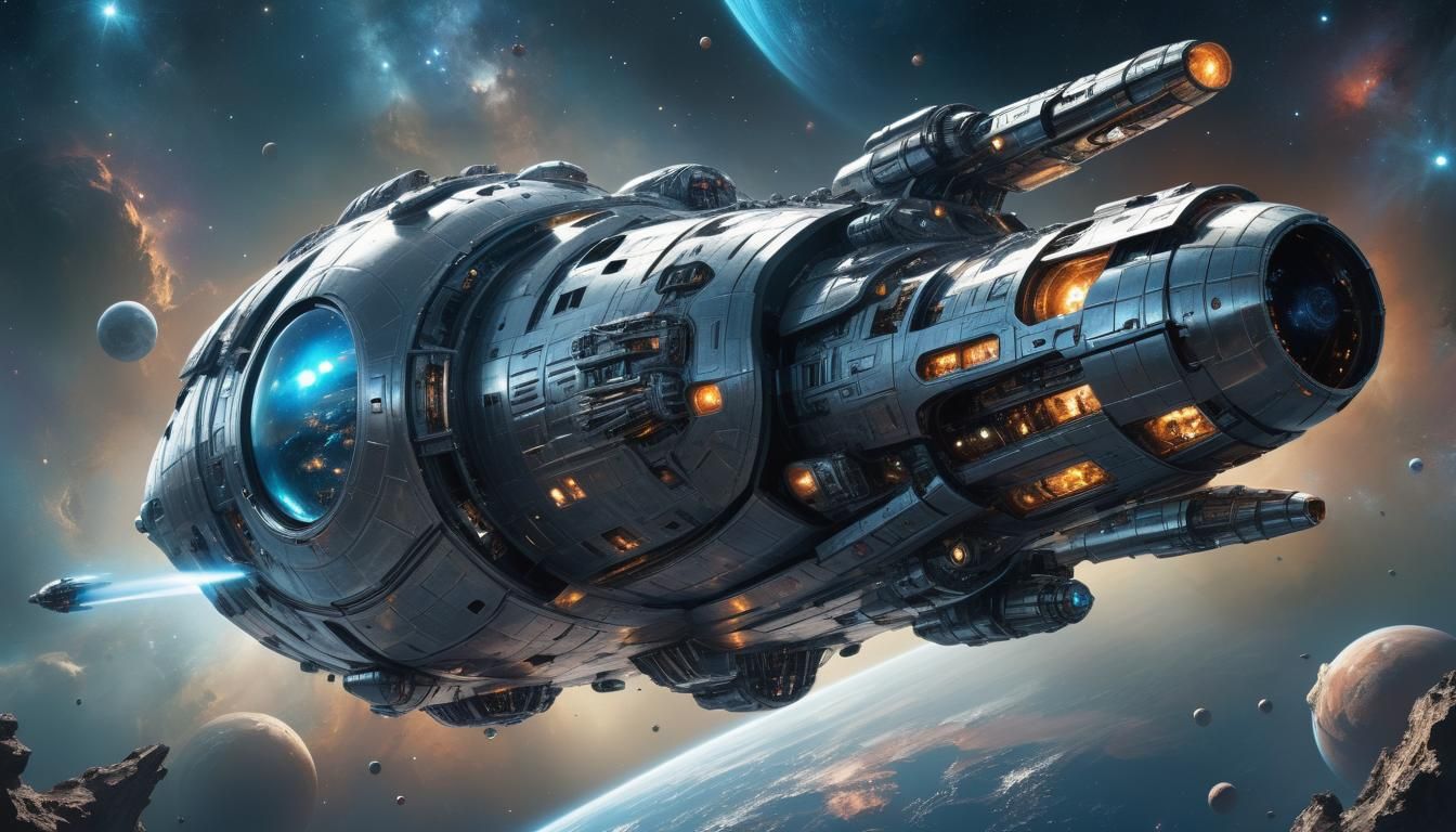 chrome plated deep space transport craft with hulking, futuristic design, floating through the vastness of space.