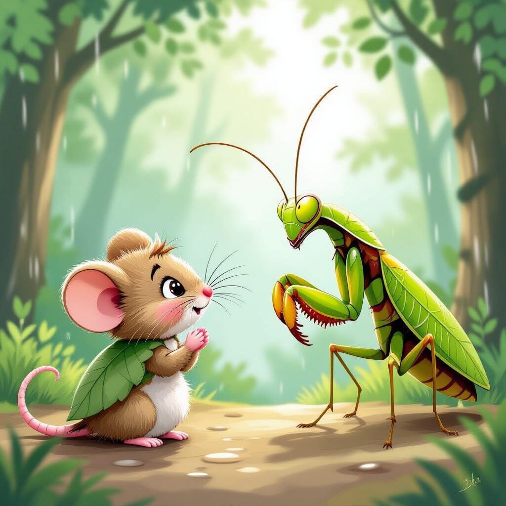 Mouse and Mantis in Rainy Forest, Dr. Seuss Style