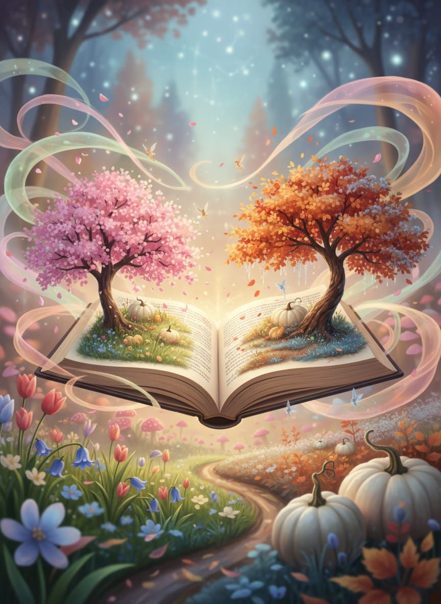 Magical Book of Shifting Seasons in Dreamlike Fantasy Art