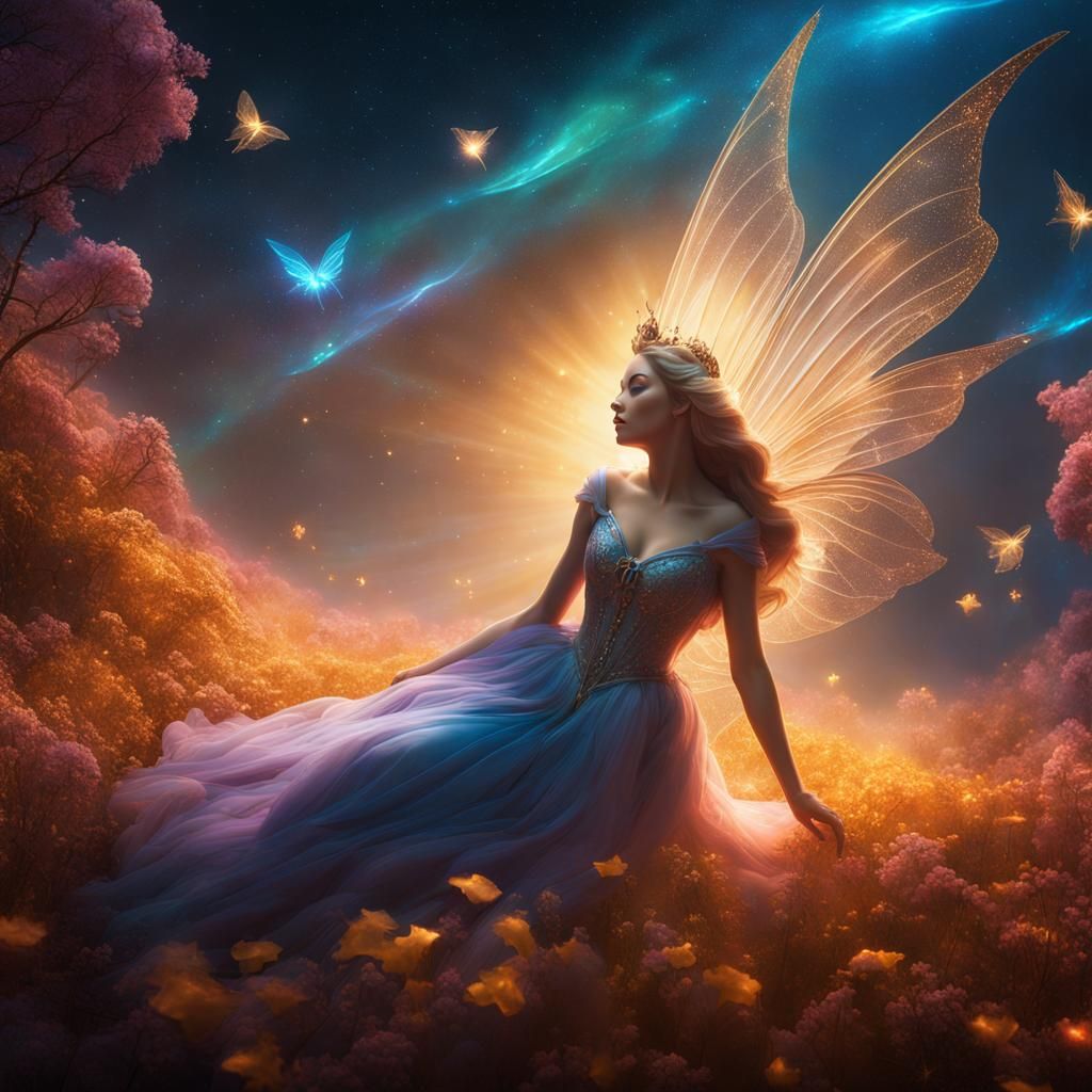 Sleeping Beauty with Wings in Starry Space