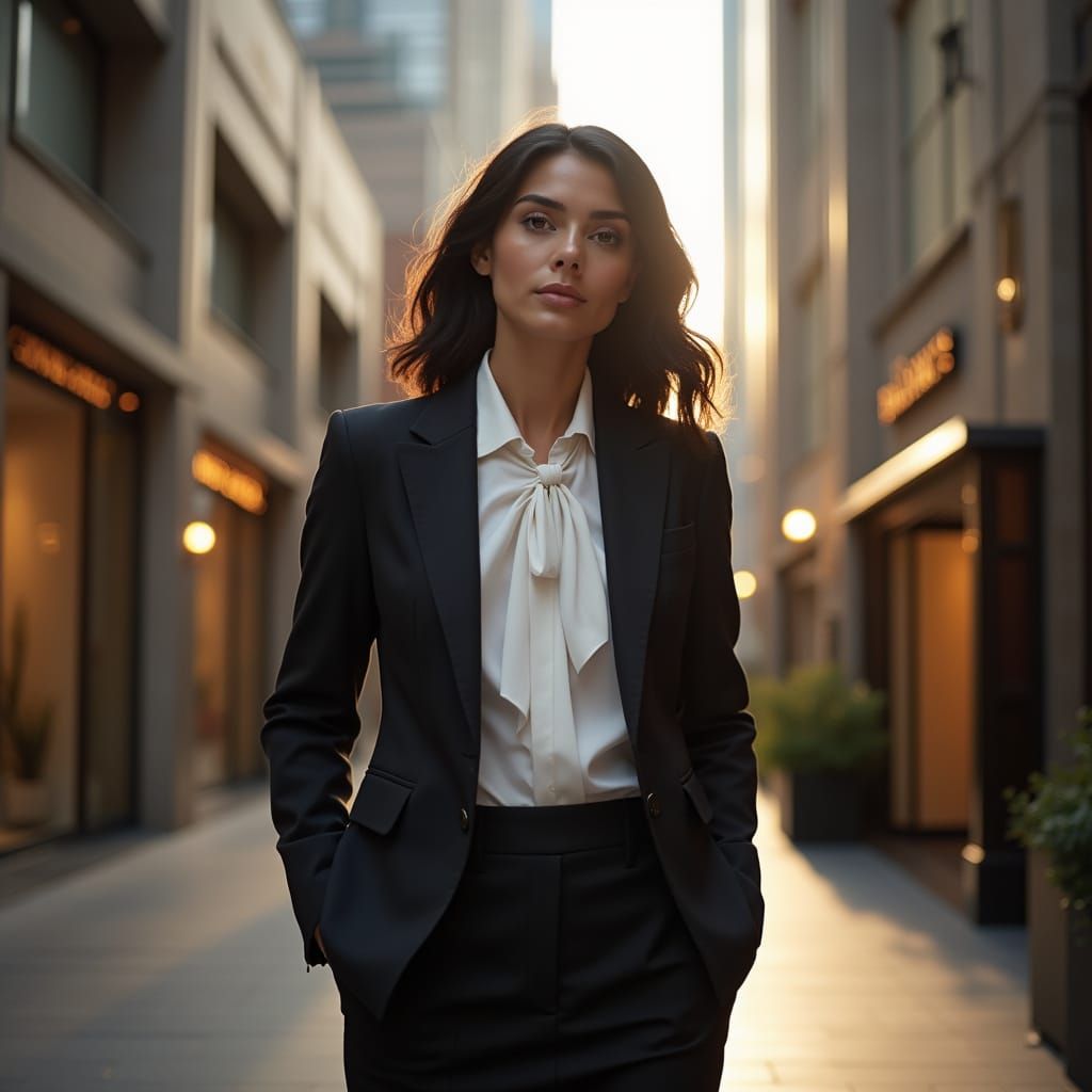Professional Woman in Business Suit Outside Luxury Hotel