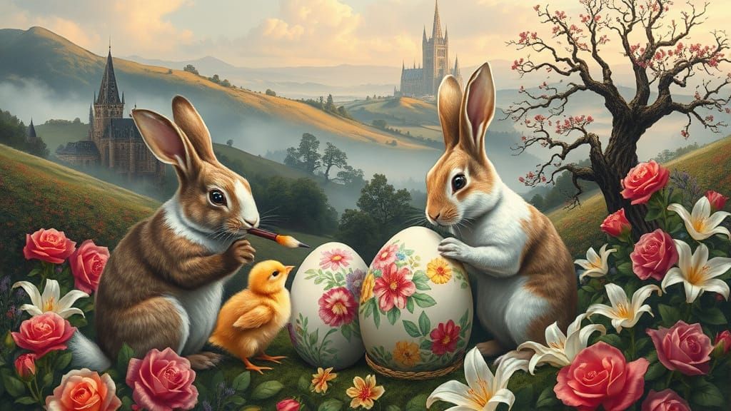 Rabbits Painting Easter Eggs in Fairytale Landscape