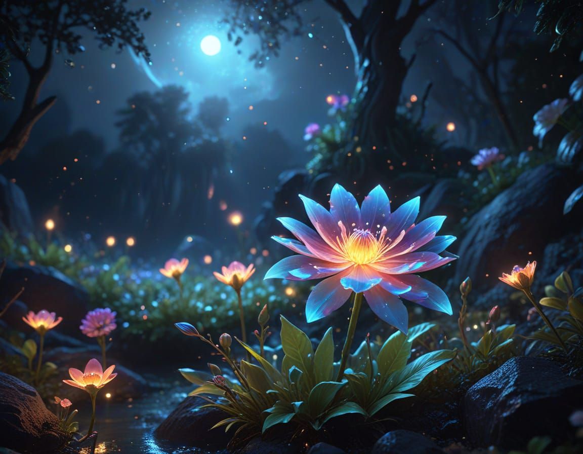Bioluminescent Flower Blooms in Moonlit Magic Garden