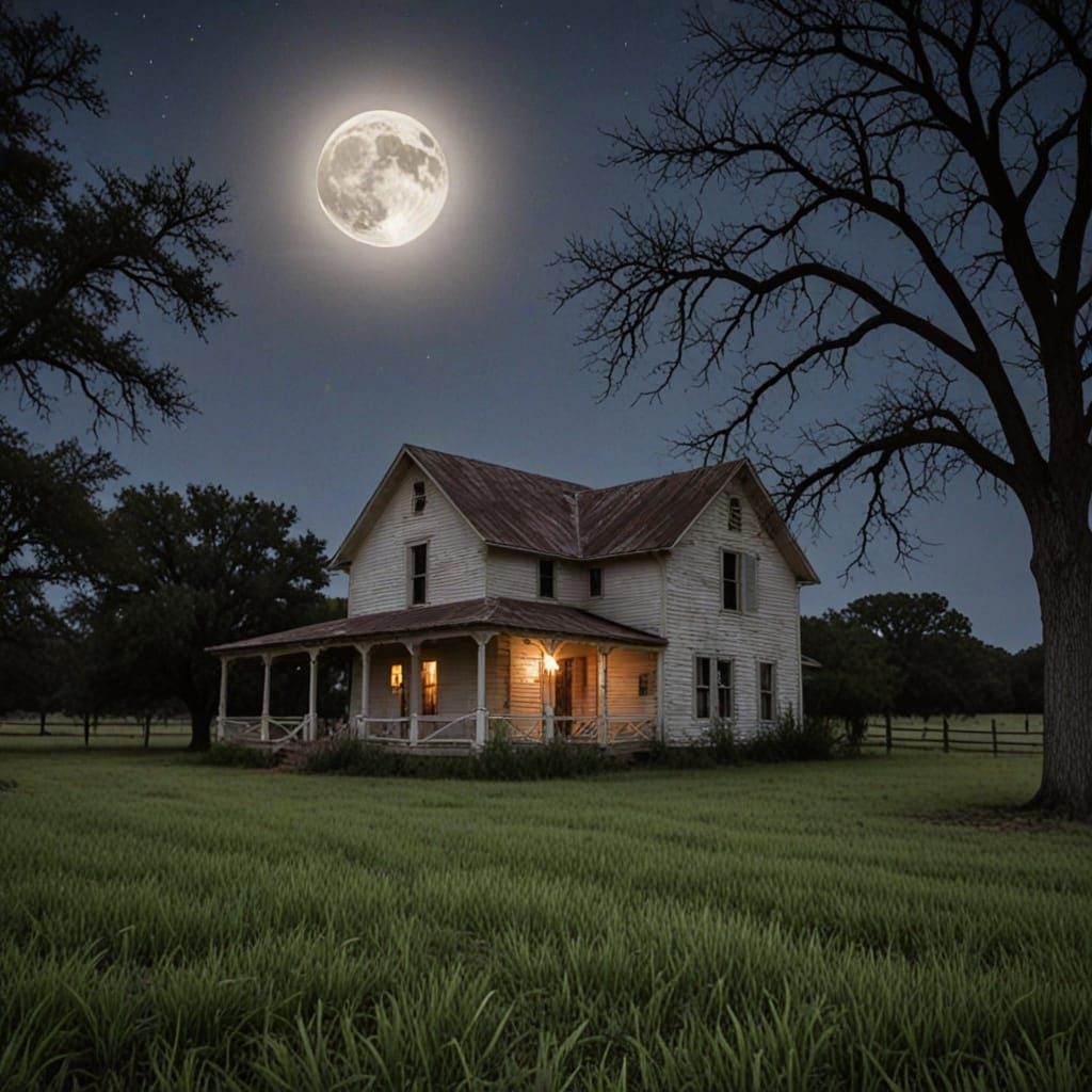 Haunted Farmhouse Under Full Moon in Texas