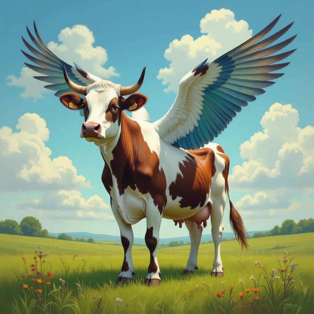 Fantastical Cow-Bird Hybrid in Surreal Meadow