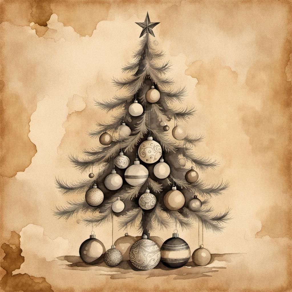 Vintage Christmas Tree Watercolor on Tea Stained Paper