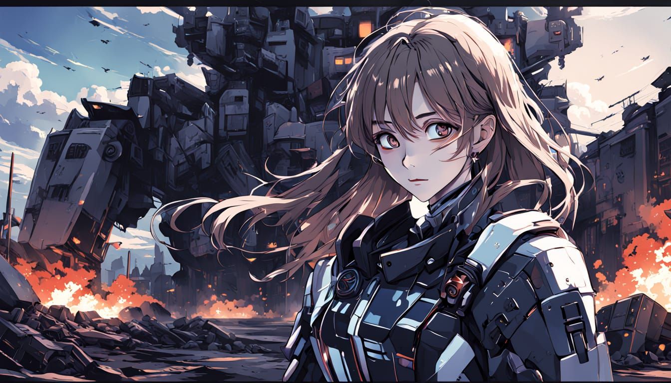 Anime Girl Sits Beside Her Vibrant Mecha on a War-Torn Battl...