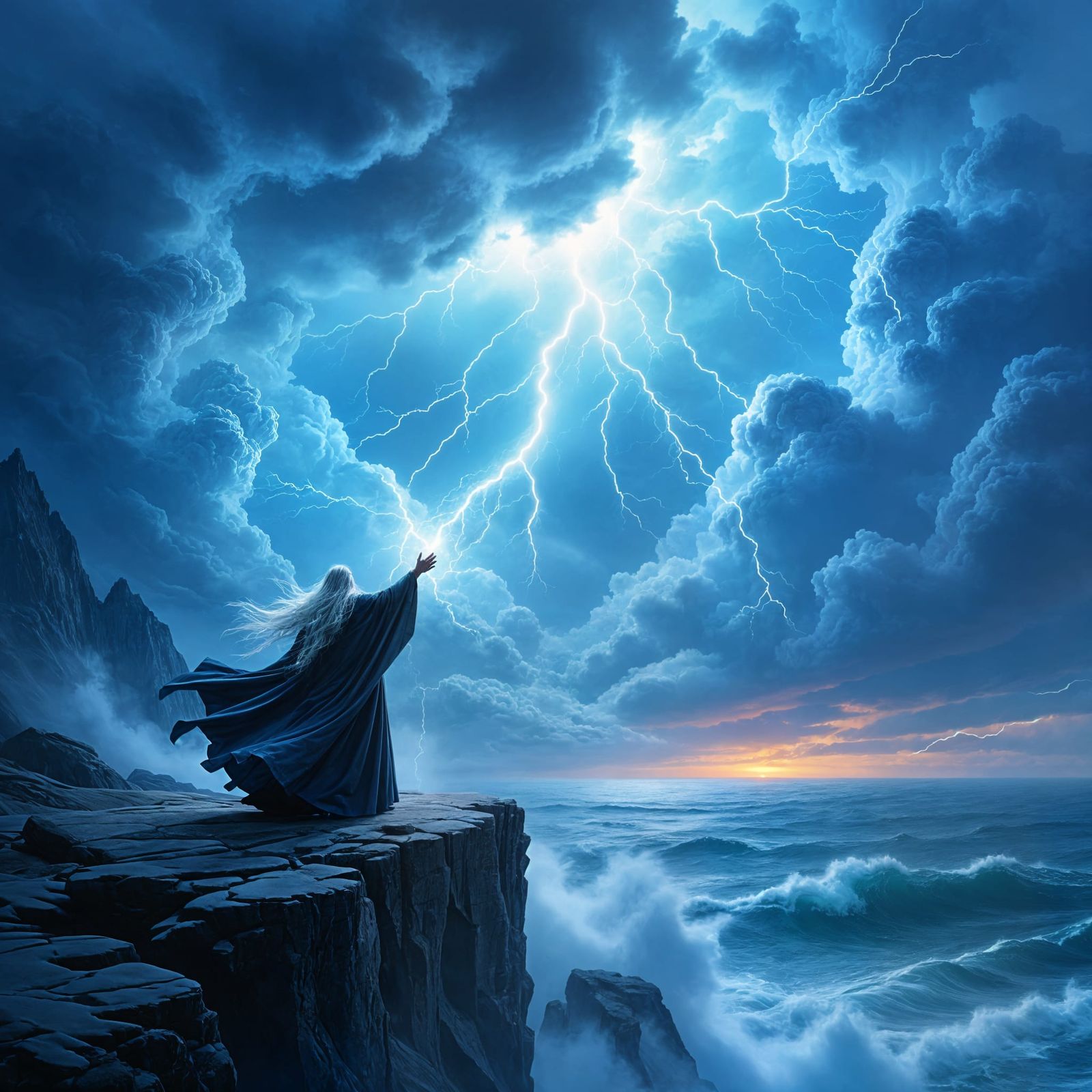 Wizard Summons Epic Storm Over Ocean Cliff