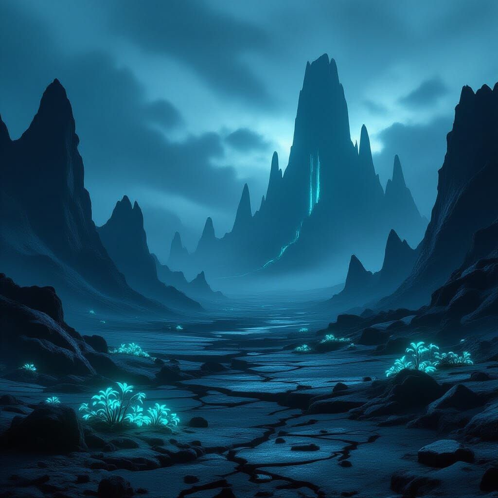 Alien Twilight Landscape with Cyclopean Structure