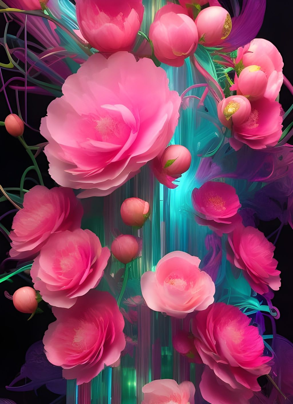Neon Cyberpunk Peonies Illustration in Synthwave Style