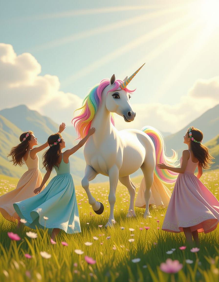 Rainbow Unicorn and Girls in Ethereal Meadow