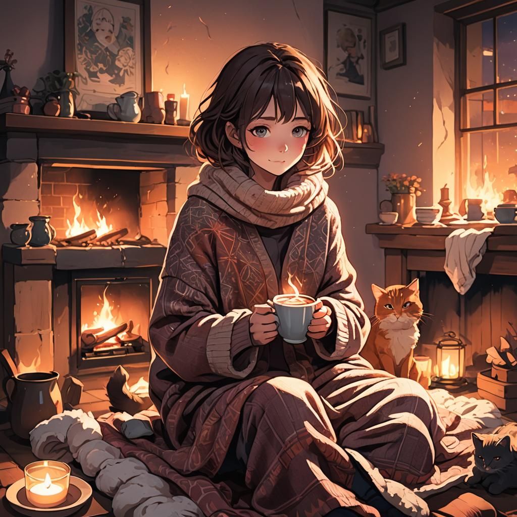 Anime Woman by Fireplace with Hot Chocolate