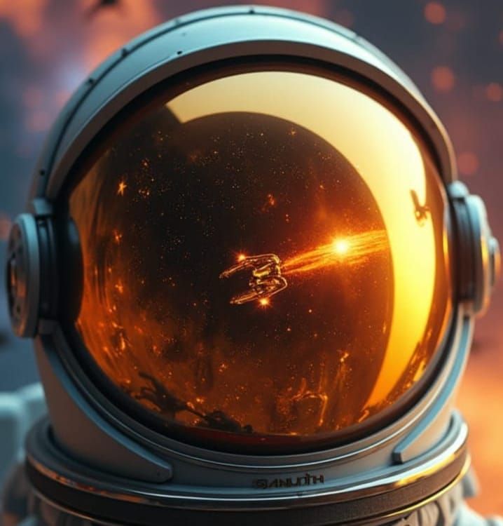 Astronaut in Space, Reflected with Burning Spacecraft