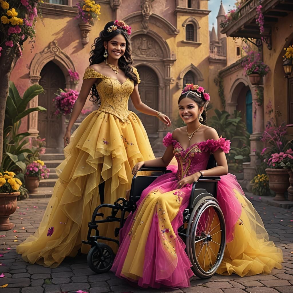 Quinceañera in Yellow and Fuchsia Tulle Dress
