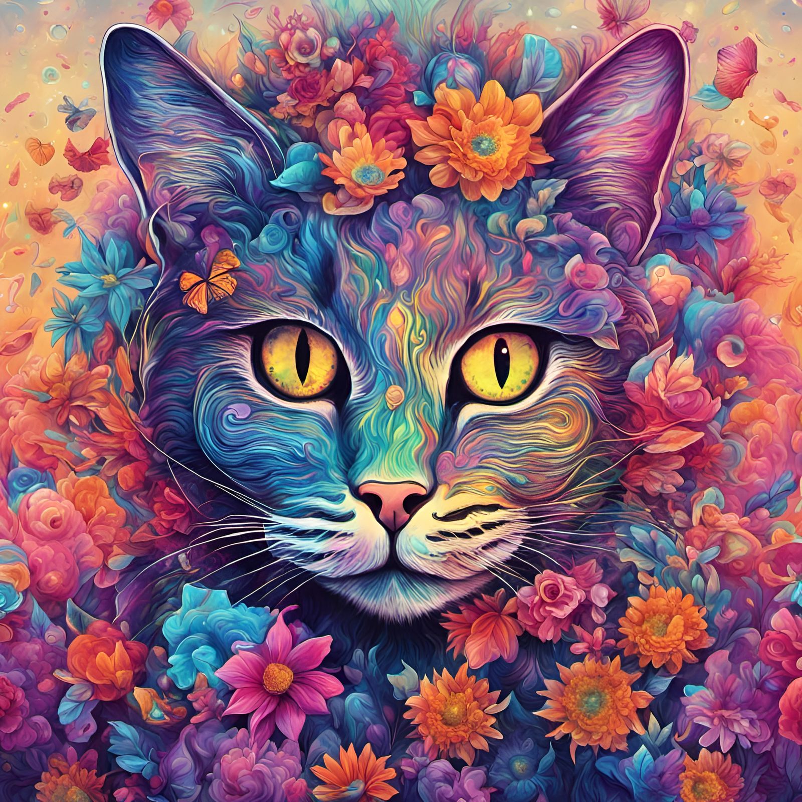 Psychedelic Cat Covered in Flowers in Astral Style