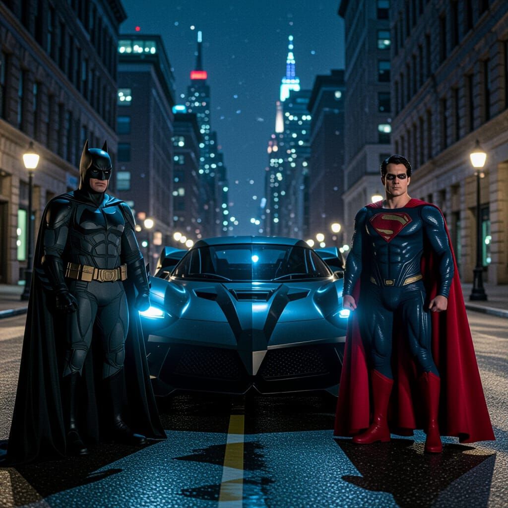 Batman and Robin with Batmobile in Gotham