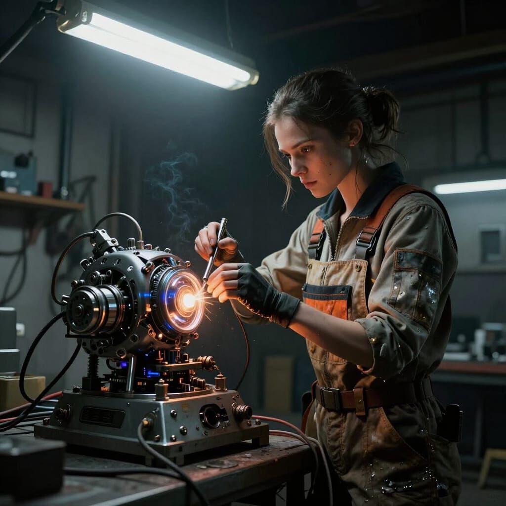 Futuristic Engineer Repairs Machine in Gritty Garage