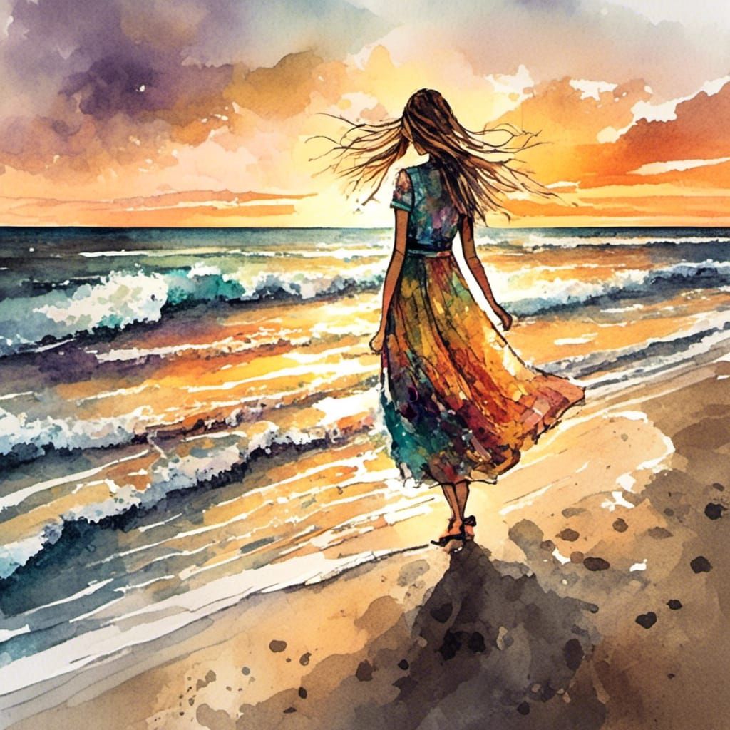 A woman stands on the ocean shoreline : setting sun paints t...