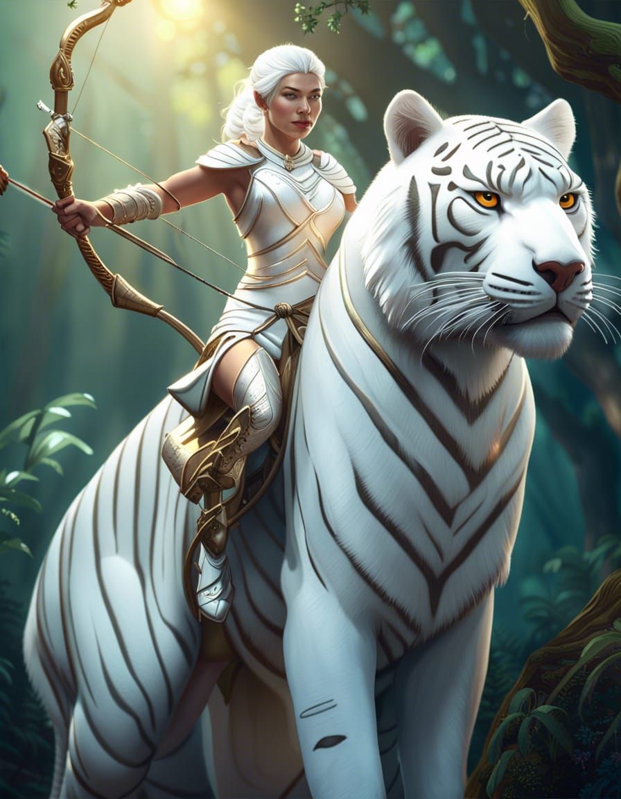 Beautiful archer riding a majestic tiger