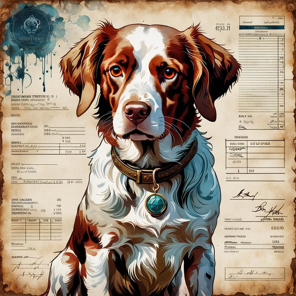 Brittany Spaniel Fantasy Art on Vintage French Invoice