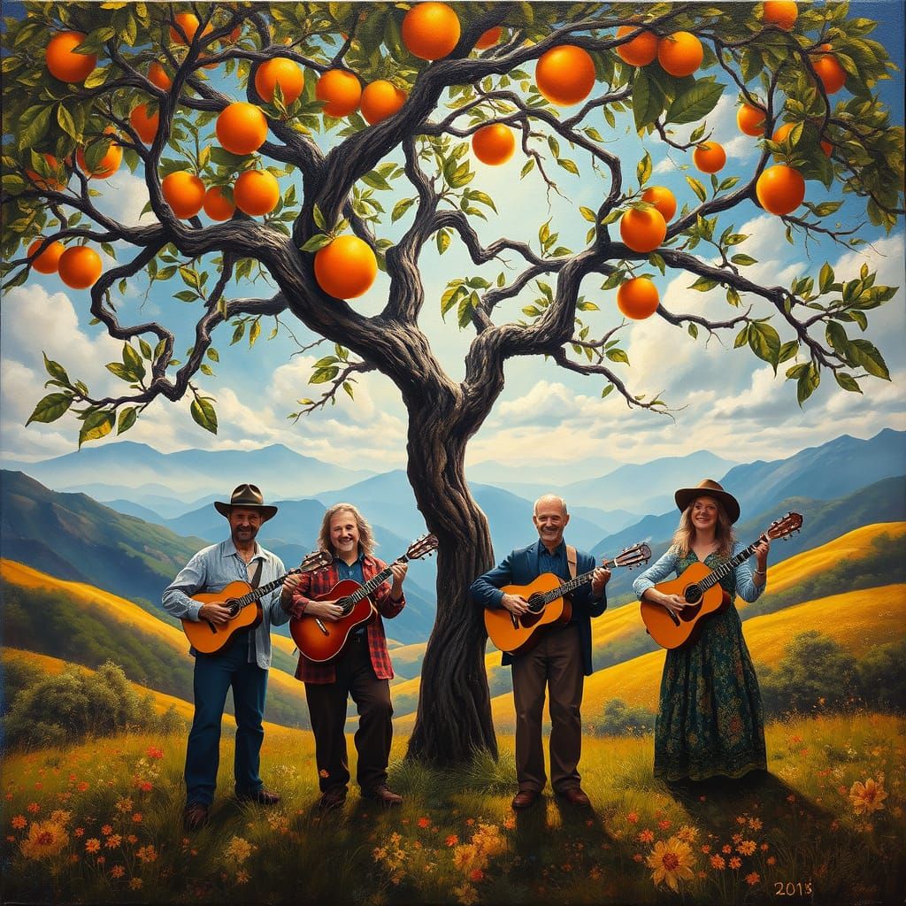 Radiant Bluegrass Musicians Beneath a Majestic Orange Tree