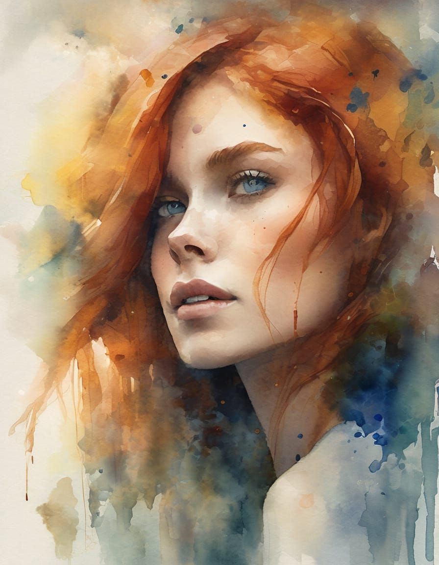 Ethereal Watercolor Portrait of a Redhead in a Rainy Citysca...