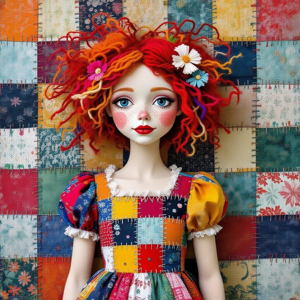 Surreal Patchwork Girl in Whimsical Fabric Landscape