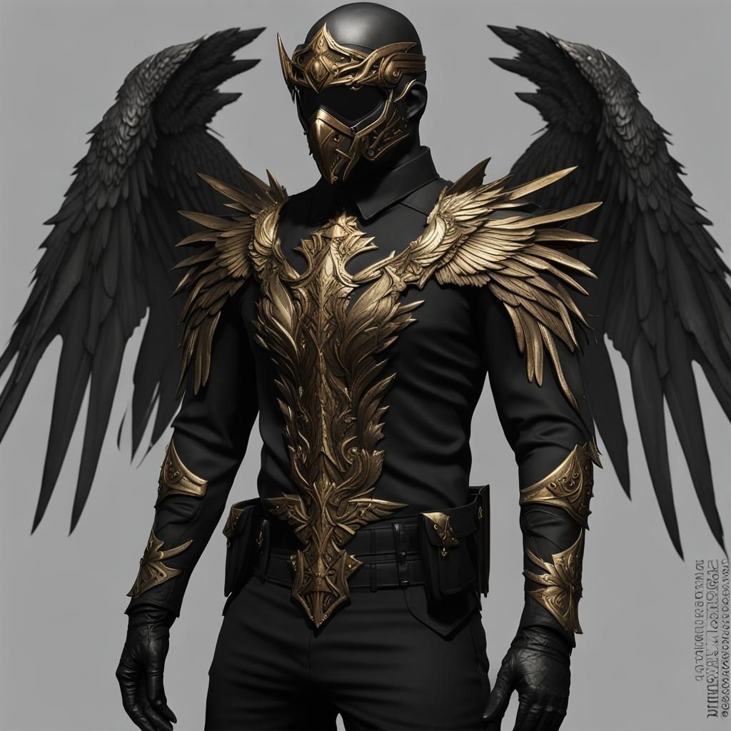 Winged Warrior in Black Military Outfit
