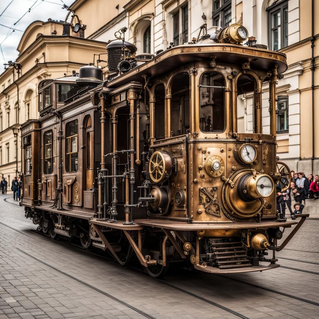 steampunk tram on the streets of Cracow, steampunk engine