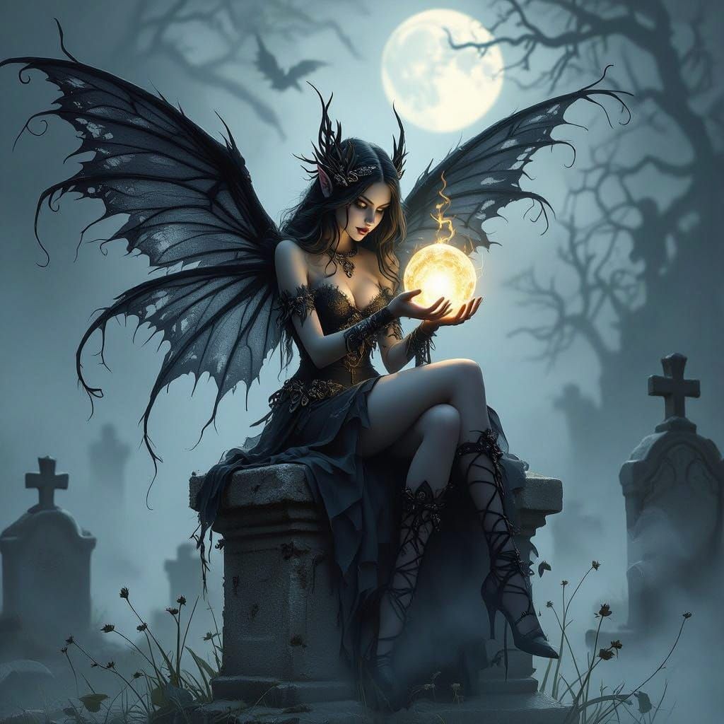 Gothic Fantasy Fairy perches atop an Ancient Tombstone