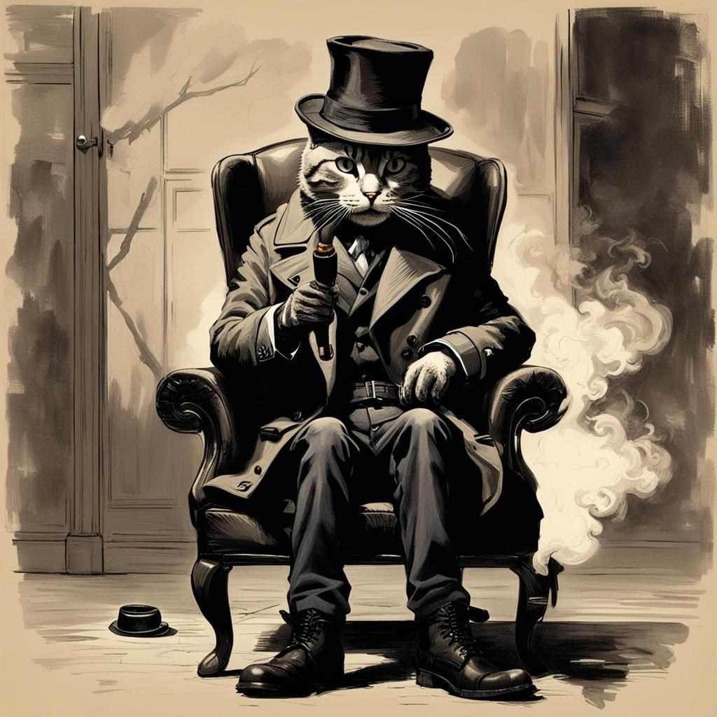 Sinister Cat Detective Smoking a Pipe
