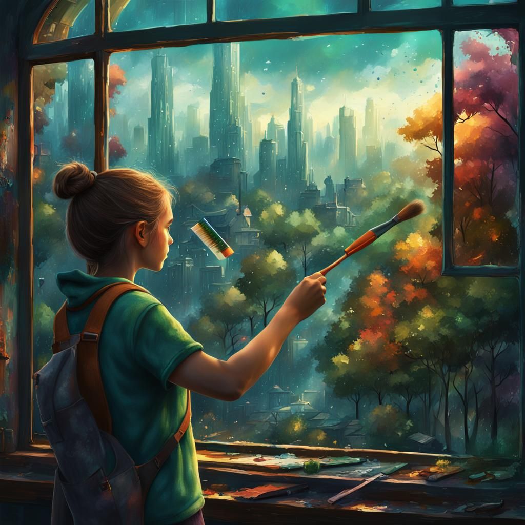Girl Painting Forest Over Cityscape: Matte Painting