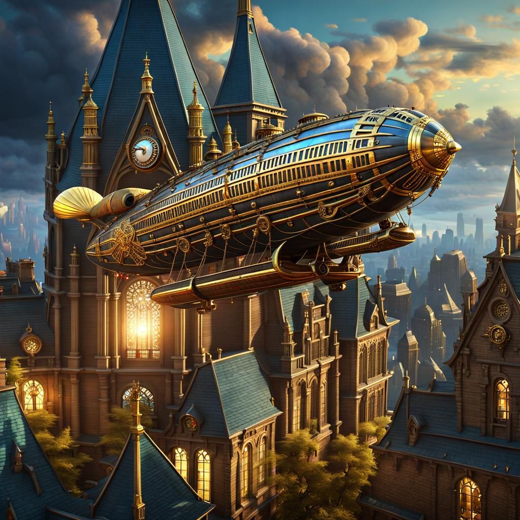 Steampunk Zeppelin Over Cyberpunk Gothic City