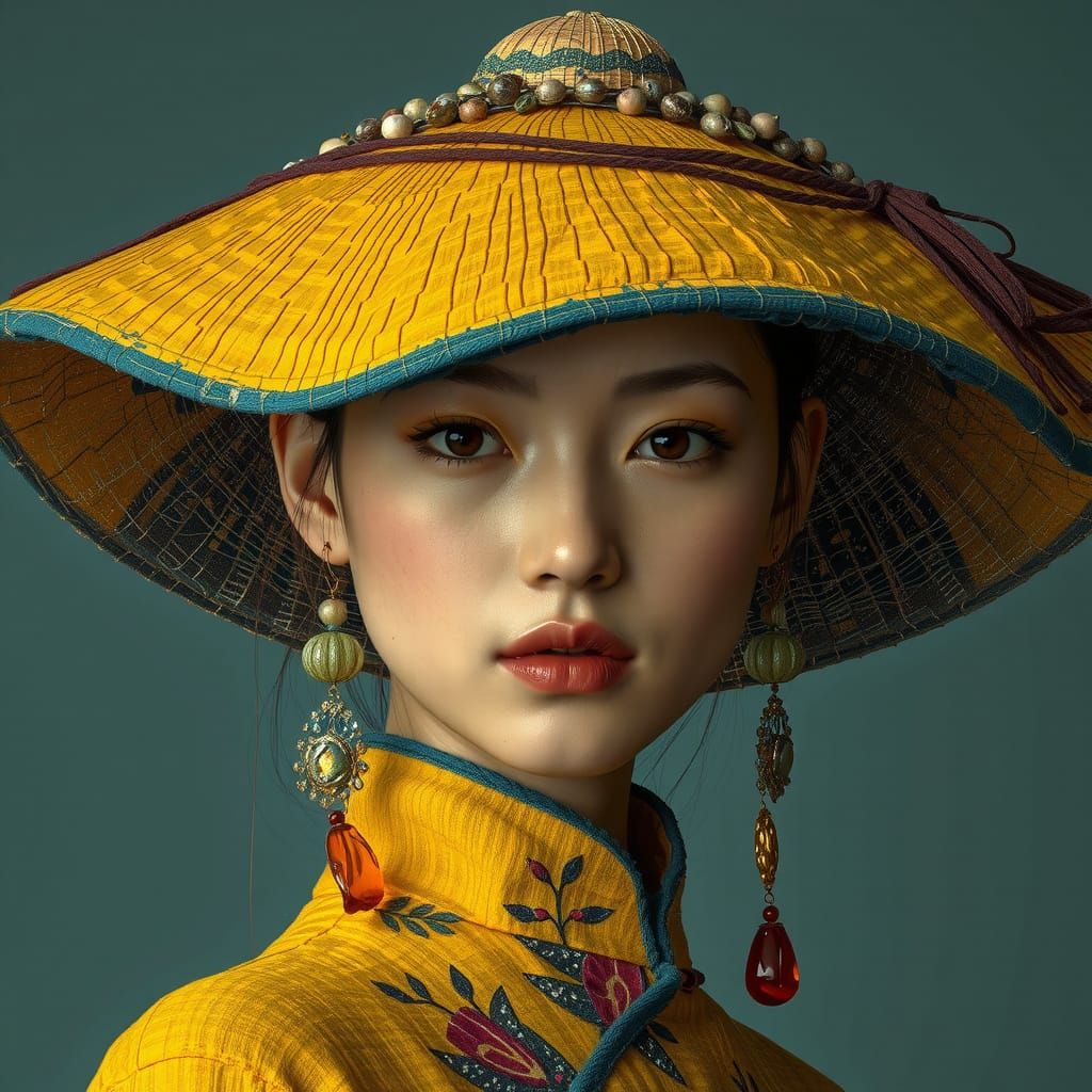 Chinese Woman in Floral Hat: Ultra Realistic Portrait