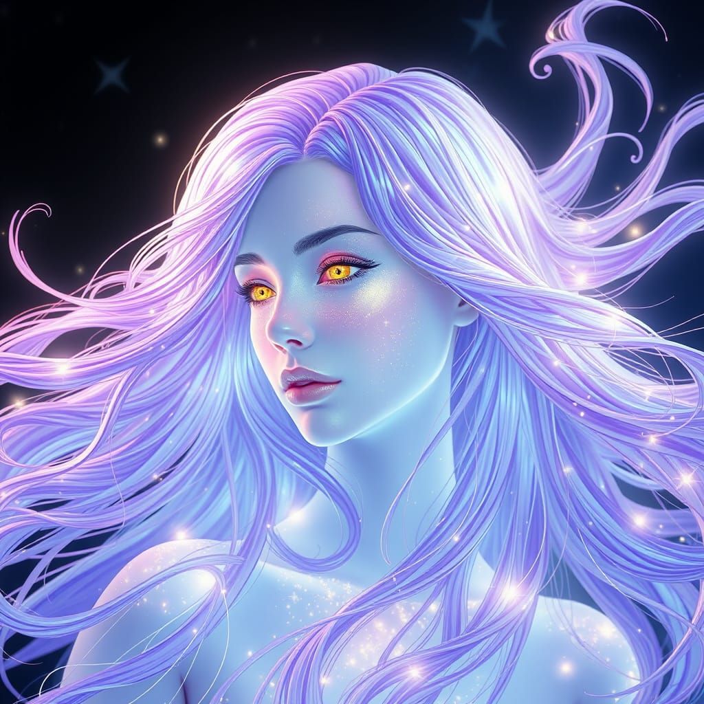 Ethereal Angel with Pearlescent Skin and Purple Hair